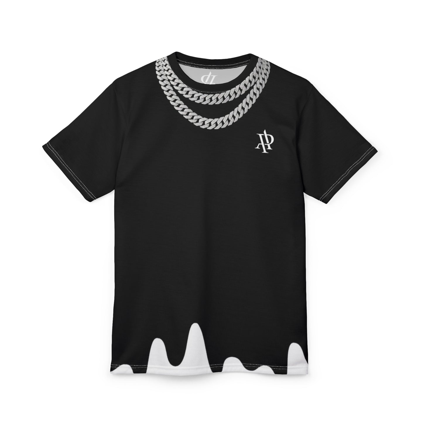 Black Drip Tee with Chain Print — 'AP' Chest Logo