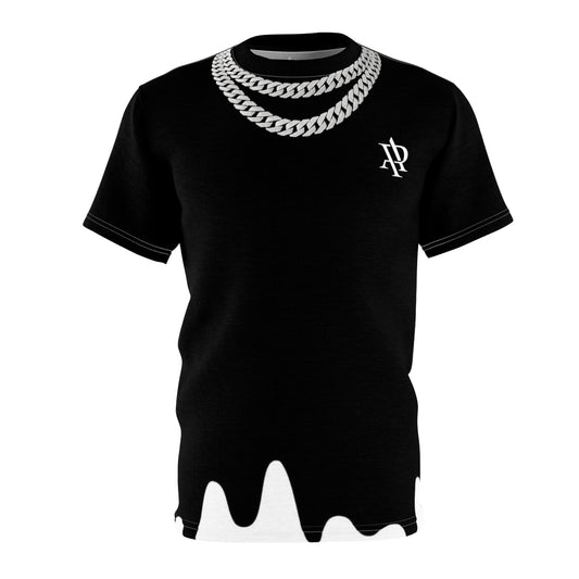 Black Drip Tee with Chain Print — 'AP' Chest Logo