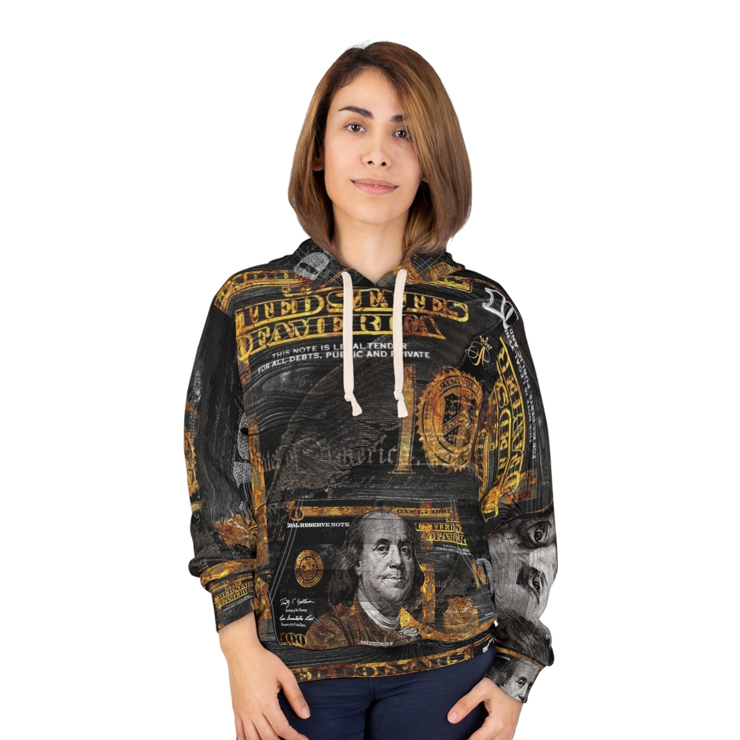 AP Gold Franklin Pullover Hoodie, Trendy Cash Graphic , Streetwear Style